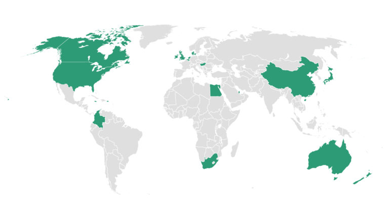 World map indicating countries where you can find AUPresses members.