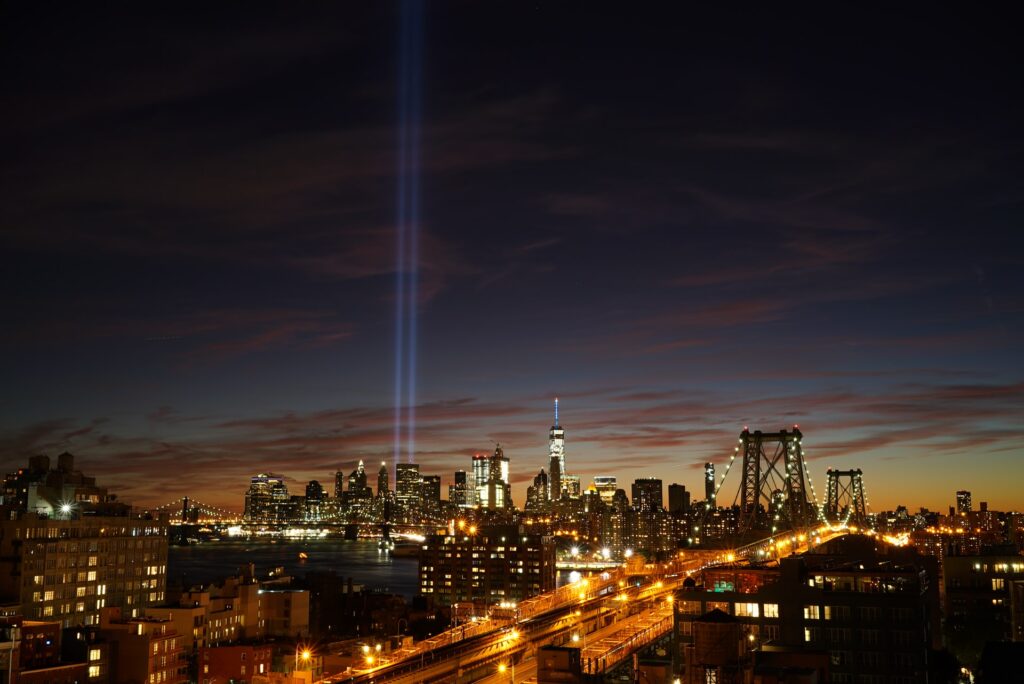 NYC cityscape, including Towers of Light