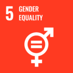 Red square reading in white "5 Gender Equality" with an icon made up of the equals sign, and the male and female combined signs.