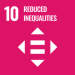 Pink square with text in white reading "10 Reduced Inequalities" with an icon of the equal sign surrounded by 4 triangle shapes.