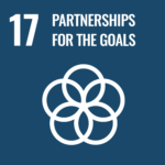 Blue square that reads "17 Partnerships for the Goals" in white with a design of 5 interlocking circles in white.