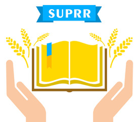 Supporting Ukrainian Publishing Resilience and Recovery SUPRR logo, hands holding an open book surrounded by golden wheat