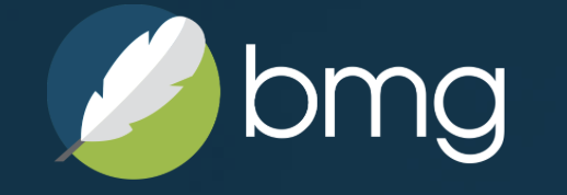 Logo mark depicting a white and grey leaf within a blue and green circle with white text reading bmg all against a dark blue background