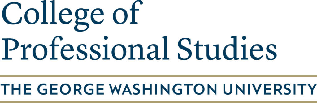 Dark blue text reading College of Professional Studies on one line, The George Washington University on the next line, with sandy brown horizontal lines on both sides of the University name