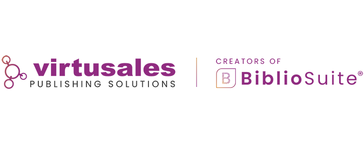 Logo mark of larger circle with three smaller circles connected followed b text reading Virtusales Publishing Solutions, followed by a thin vertical line and text reading Creators of BiblioSuite, all in shades of purple