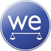Blue circle with letter "we" on top of a pair of balanced scales in the center.