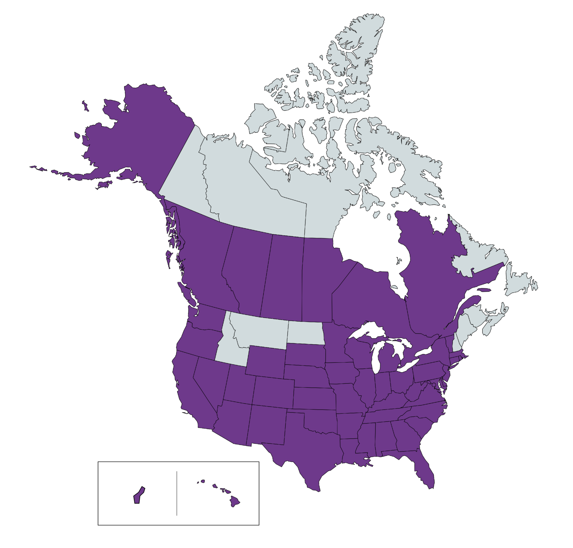 North American continent map with US states/territories and Canadian provinces represented by AUPresses members highlighted in purple (with Hawaii and Guam inset)