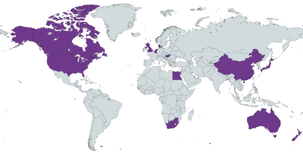 world map with countries that are represented by AUPresses members highlighted in purple