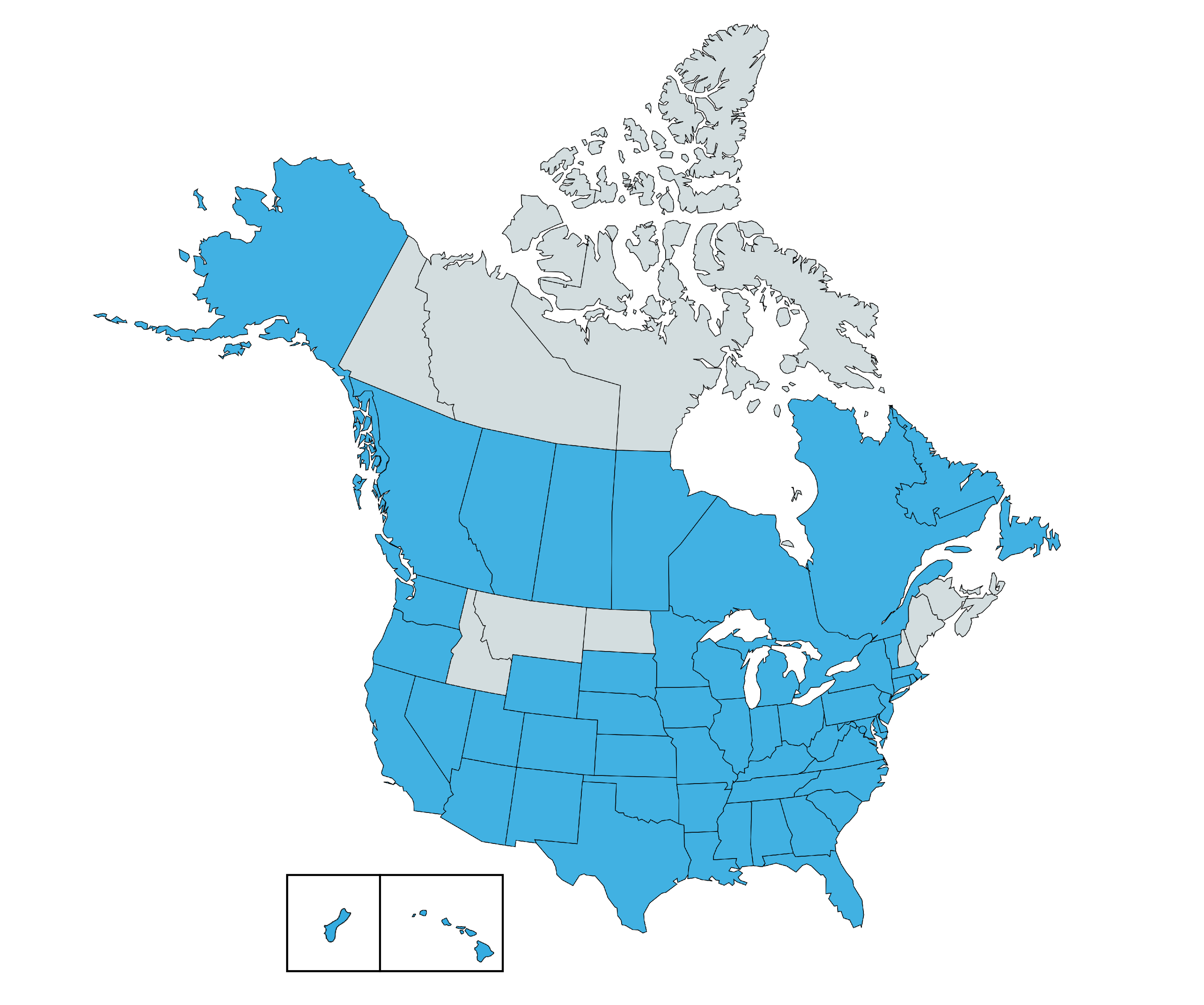 North American continent map with US states/territories and Canadian provinces represented by AUPresses members highlighted in blue (with Hawaii and Guam inset)