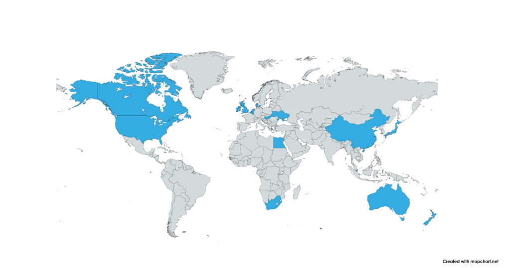 world map with countries that are represented by AUPresses members highlighted in blue