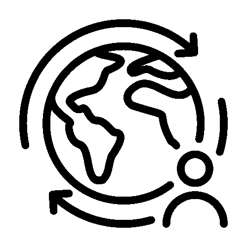 black and white icon of a globe encircled by 2 arrows, with an icon of a person's head and torso in the lower right corner