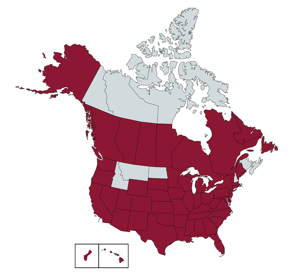 US map with states and provinces that are represented by AUPresses members highlighted in red