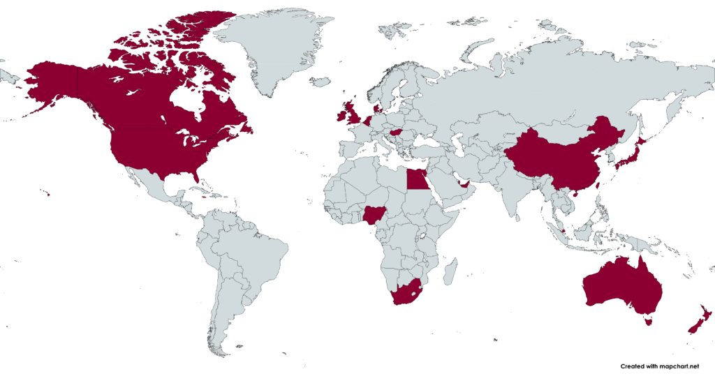 Global map with countries that are represented by AUPresses members highlighted in red